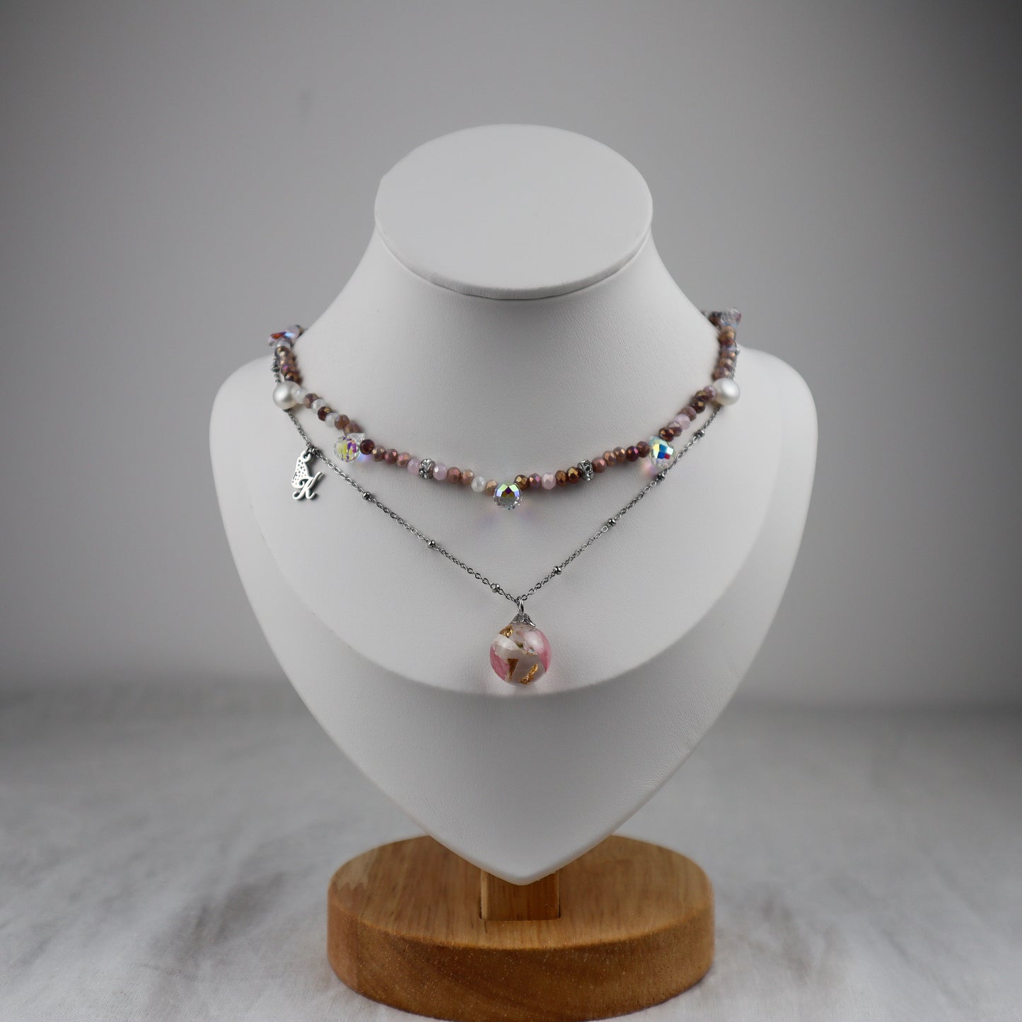 Pink Brown Crystal Bead Necklace