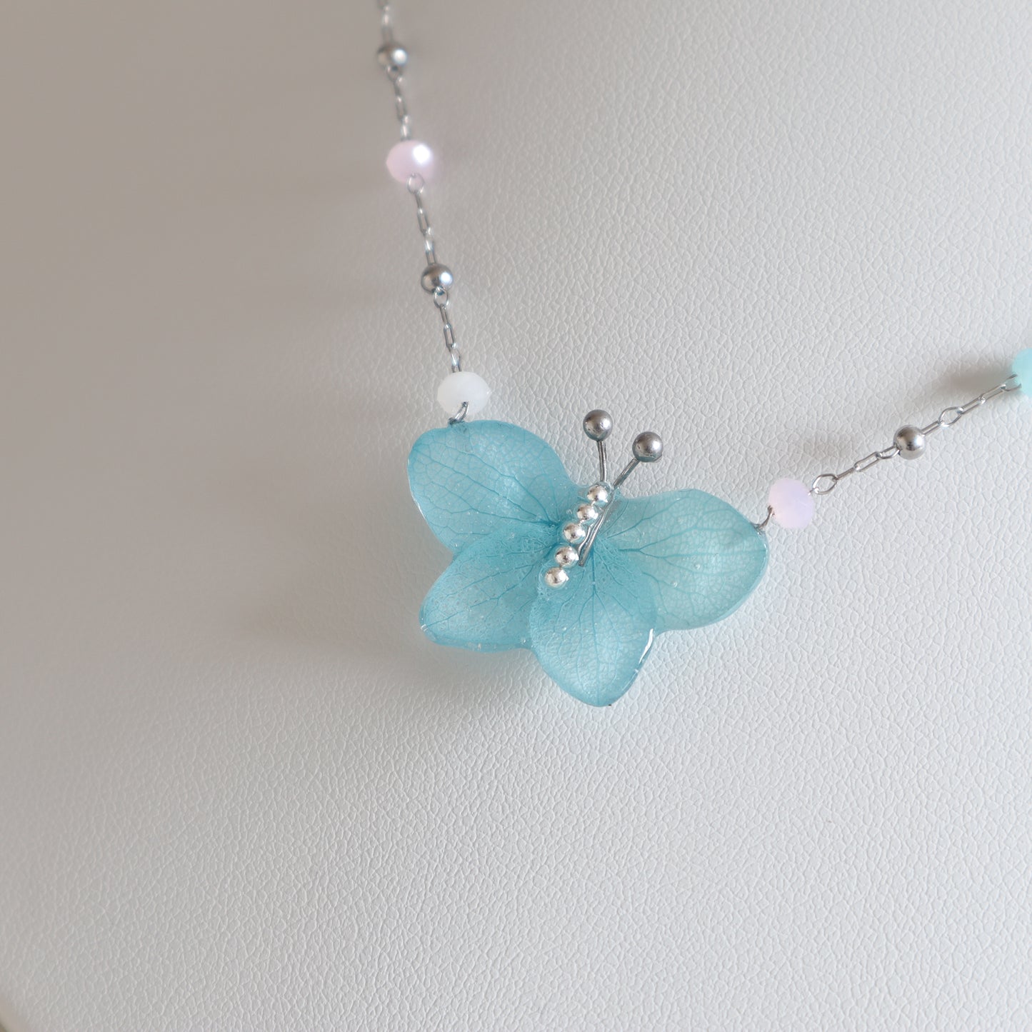 Blue Hydrangea Butterfly Necklace