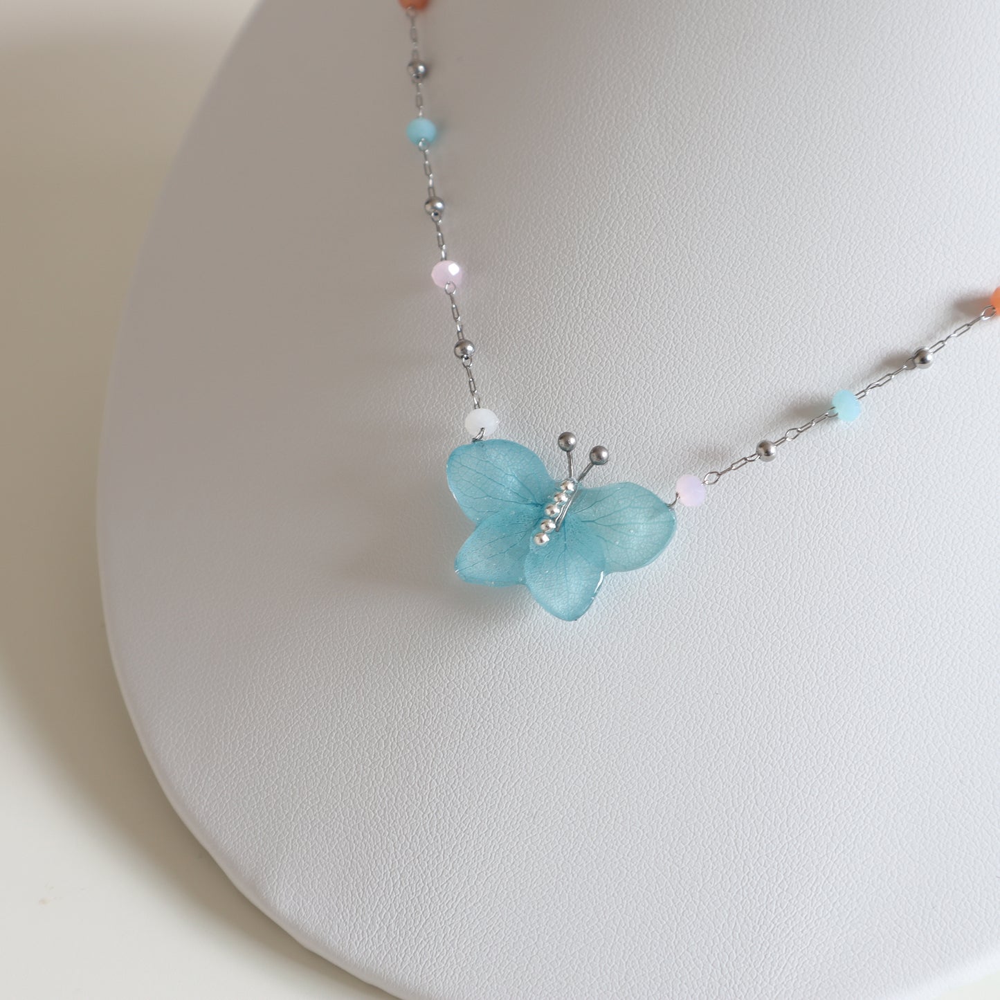 Blue Hydrangea Butterfly Necklace