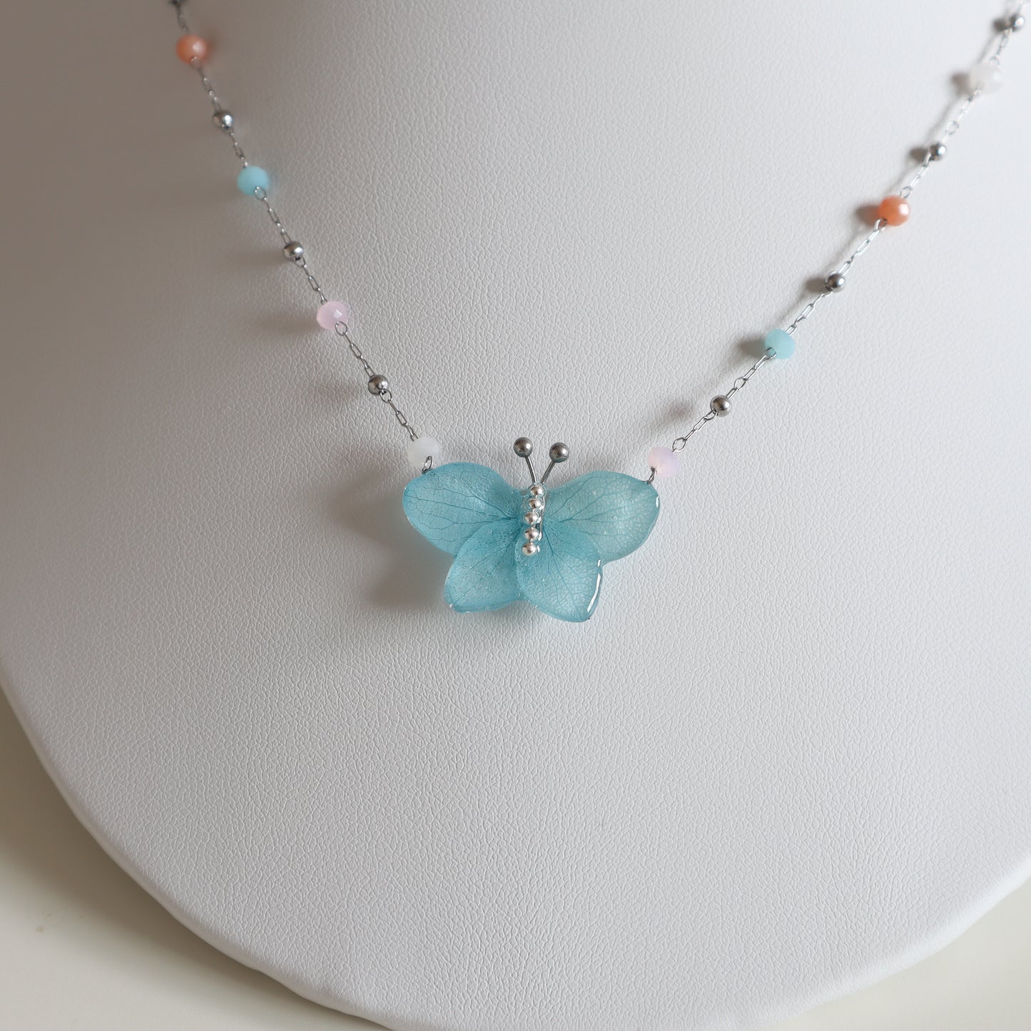 Blue Hydrangea Butterfly Necklace