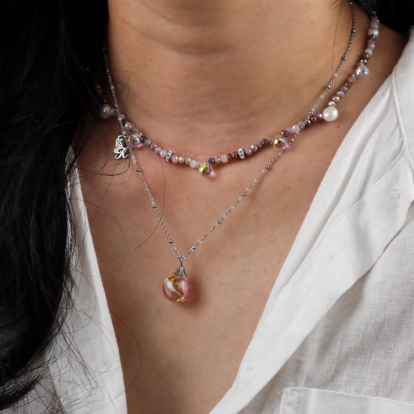 Pink Brown Crystal Bead Necklace