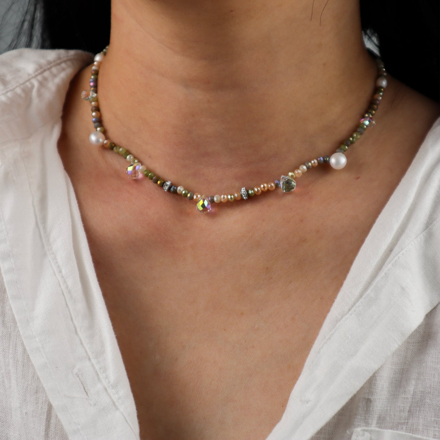 Khaki Crystal Bead Necklace