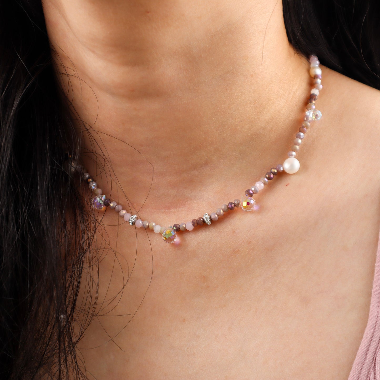 Pink Brown Crystal Bead Necklace