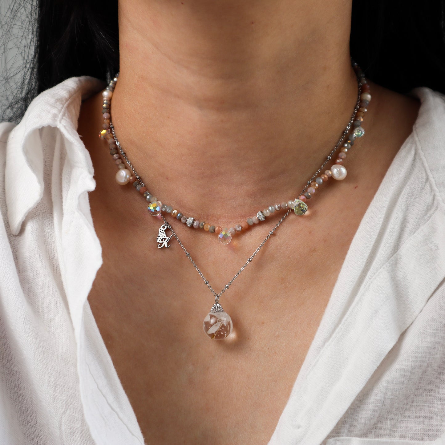 Grey Beige Crystal Bead Necklace