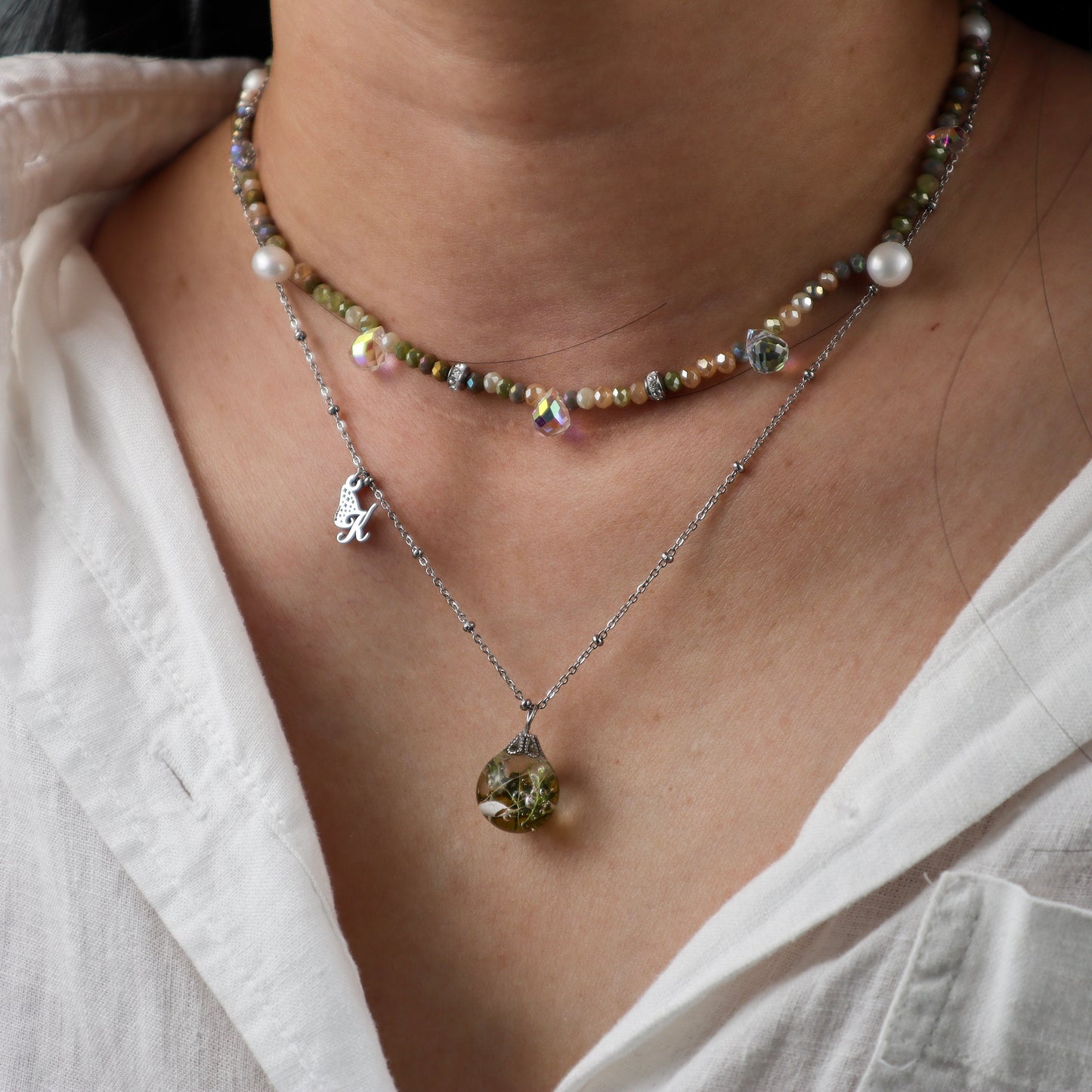 Khaki Crystal Bead Necklace