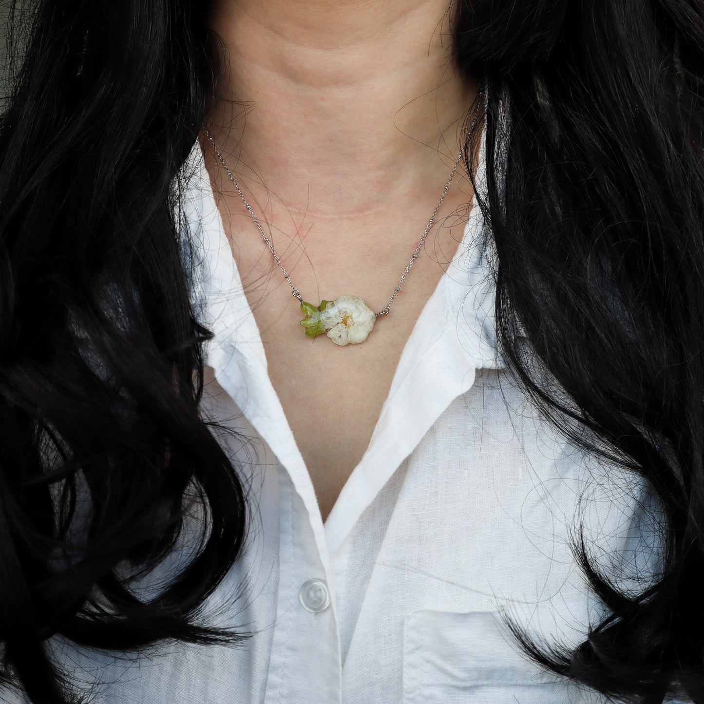 White Potentilla Necklace with Leaf