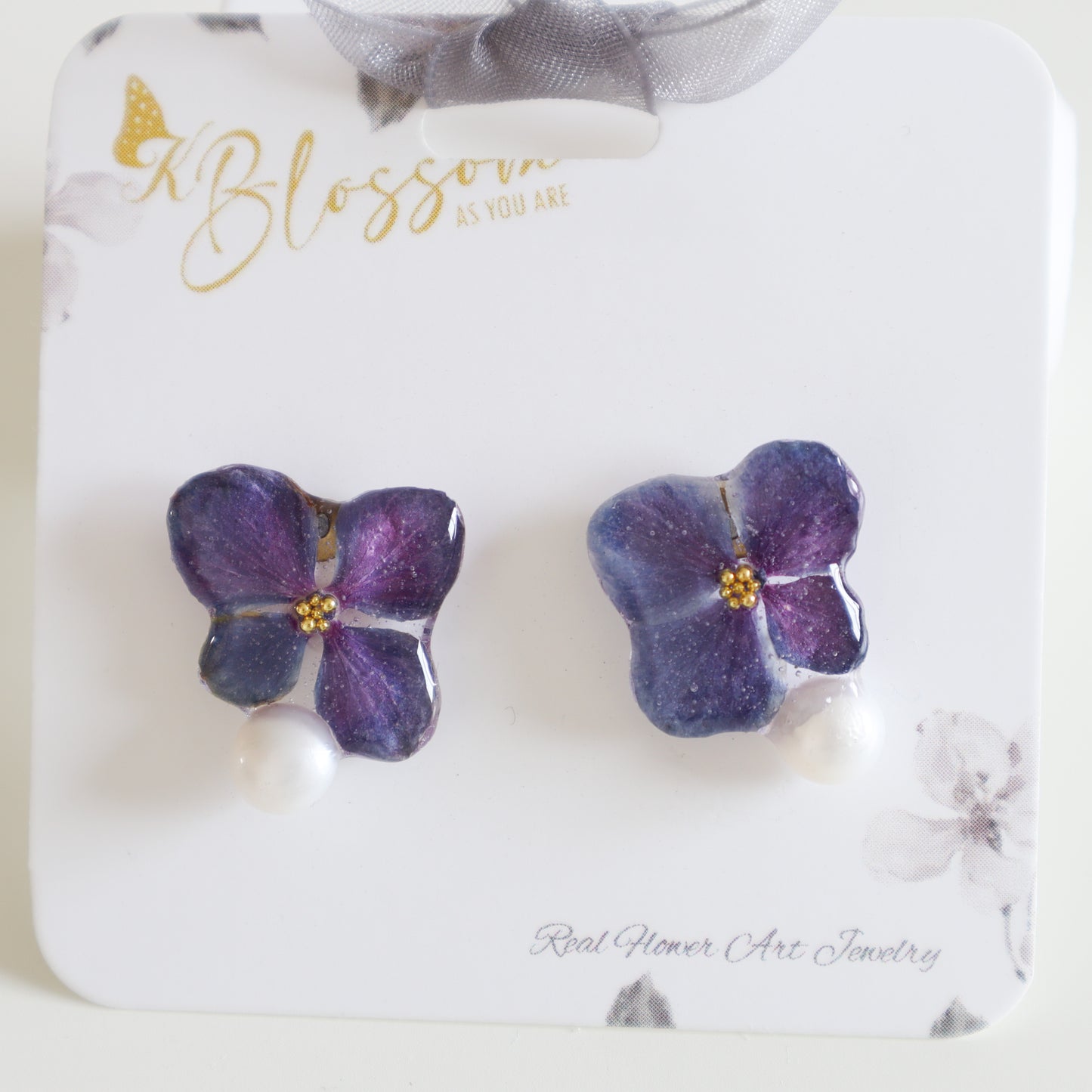 Purple Hydrangea 4 Petal pearl Earring