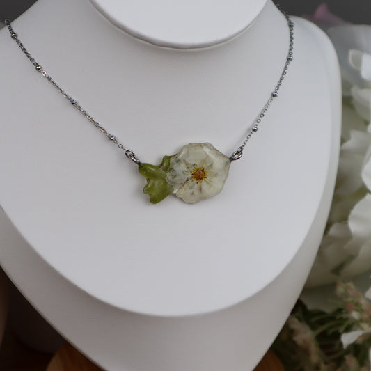 White Potentilla Necklace with Leaf
