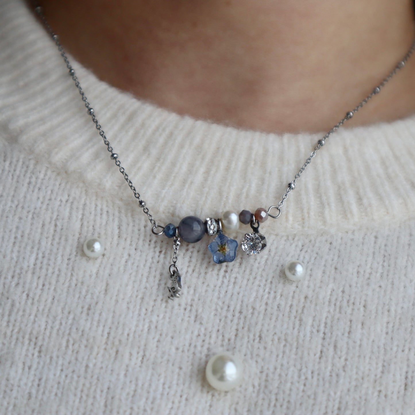 Gray Blue Forget-me-not Beads Mix Necklace