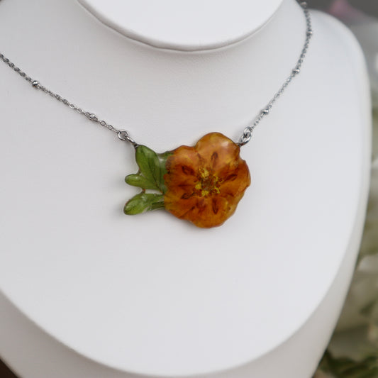 Orange Potentilla Necklace with Leaf