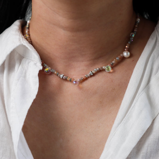 Grey Beige Crystal Bead Necklace