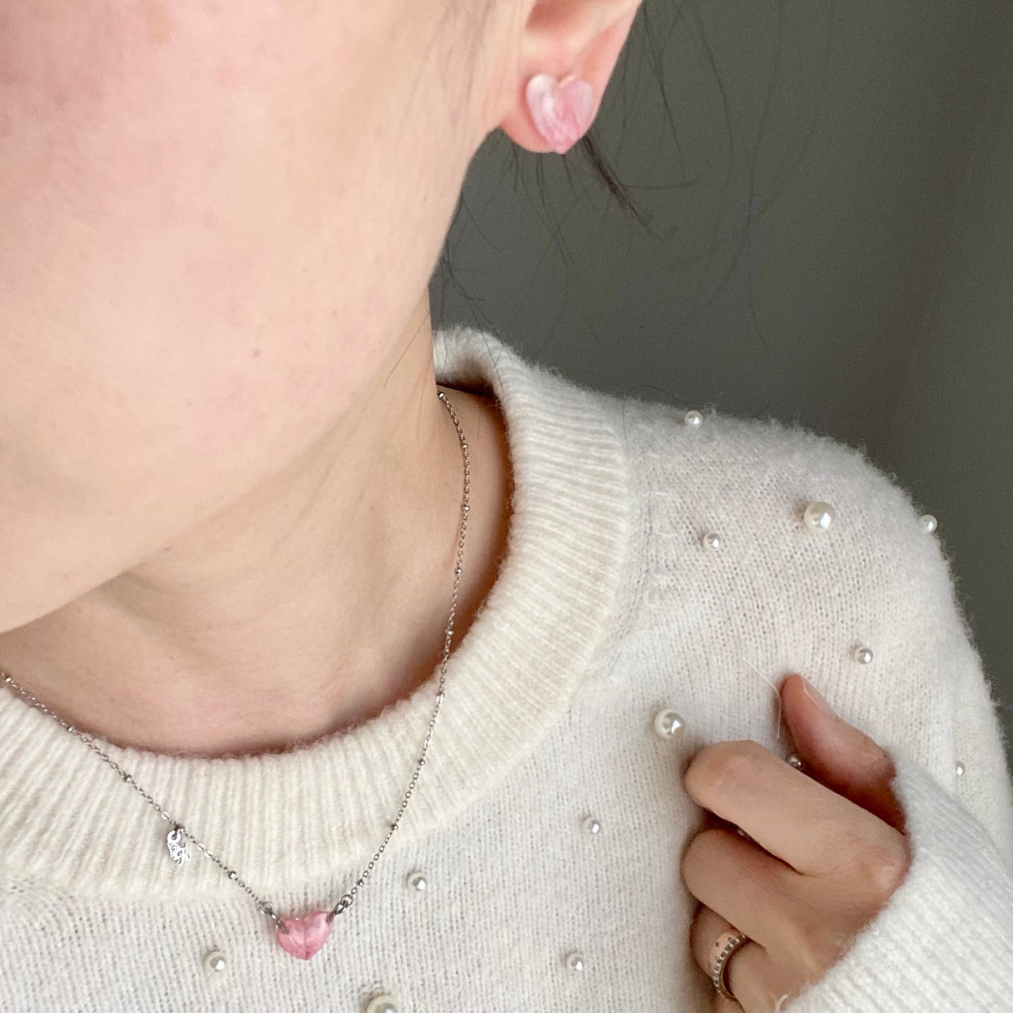Pink Larkspur Heart Earring Set