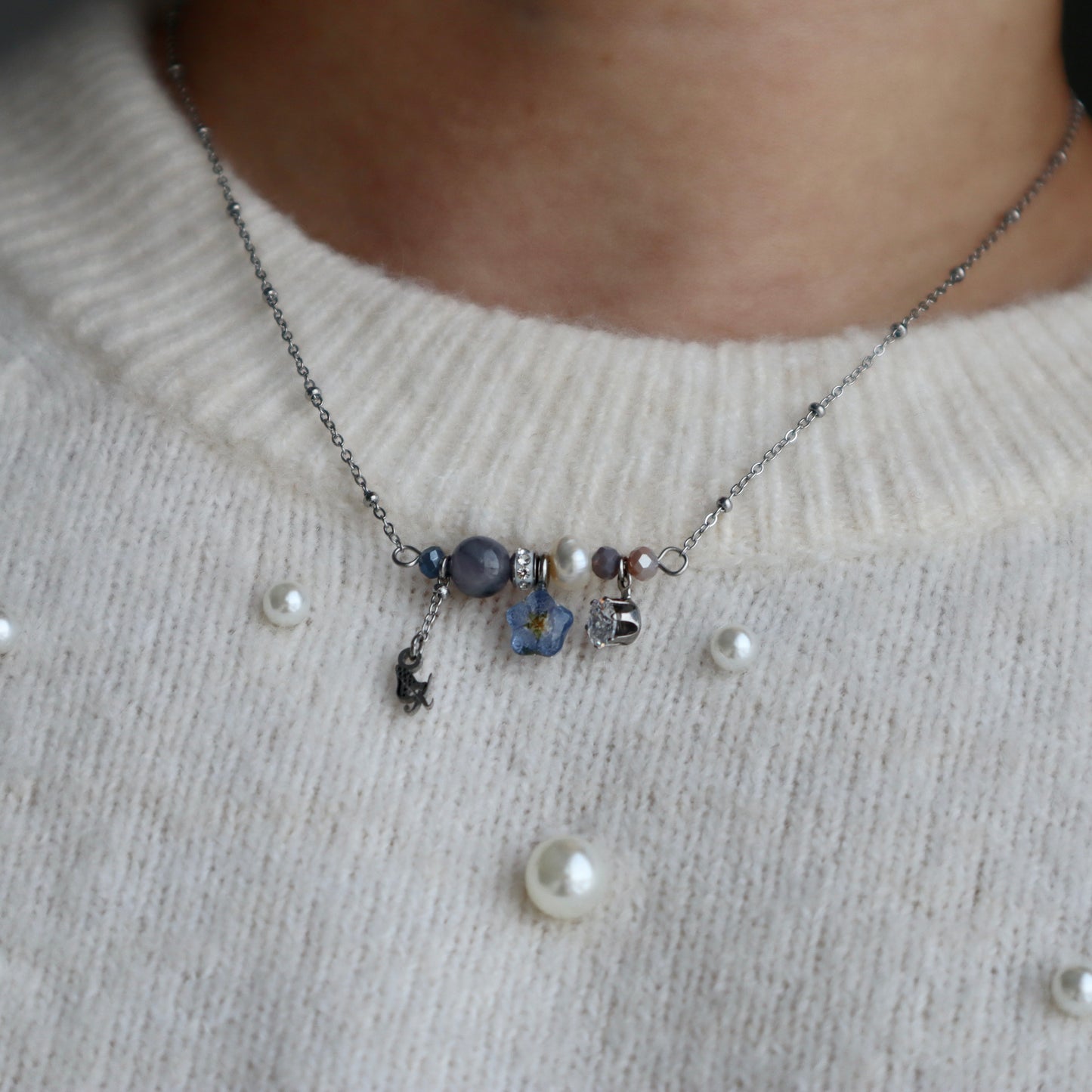 Gray Blue Forget-me-not Beads Mix Necklace