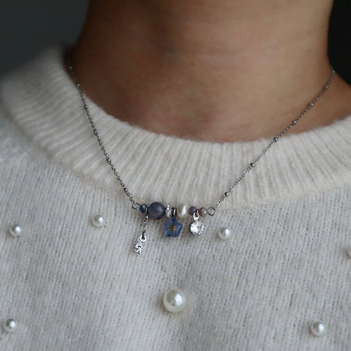 Gray Blue Forget-me-not Beads Mix Necklace